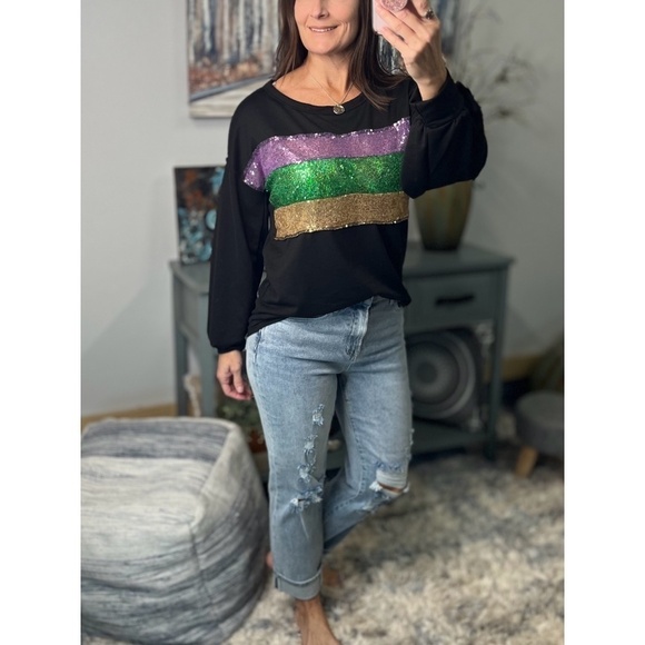 Mardi Gras Sequined Color Block French Terry Purple Green Gold Black 1123 - Picture 5 of 11